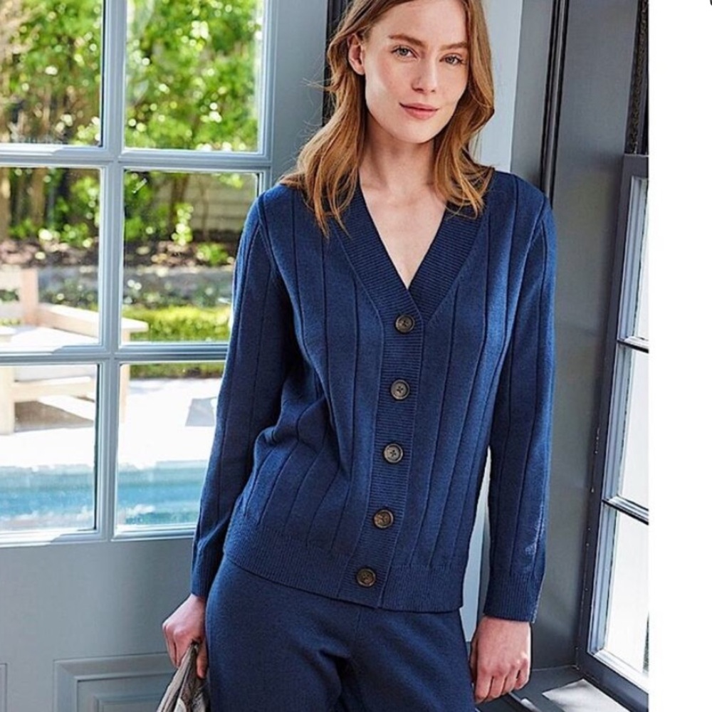 LAKE Vesper Cardigan Deep Navy Blue Channel Ribbed Cozy Sweater XL